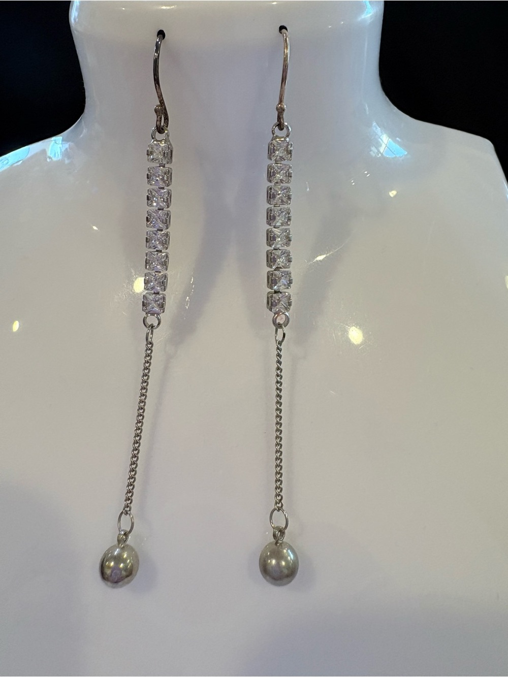 Elegant Long Dangle Drop Earrings - Clear Crystal Chain with Round Bead Charm